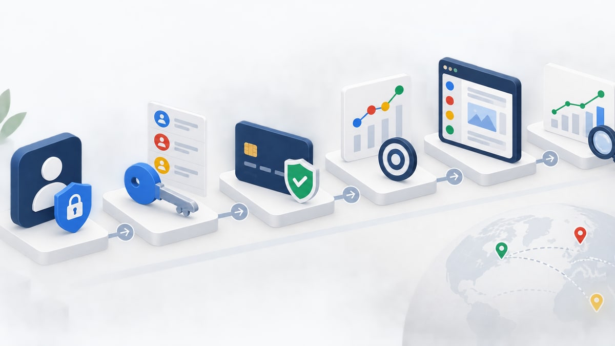 Google Ads 企业开户、付款、追踪与广告管理准备事项示意图