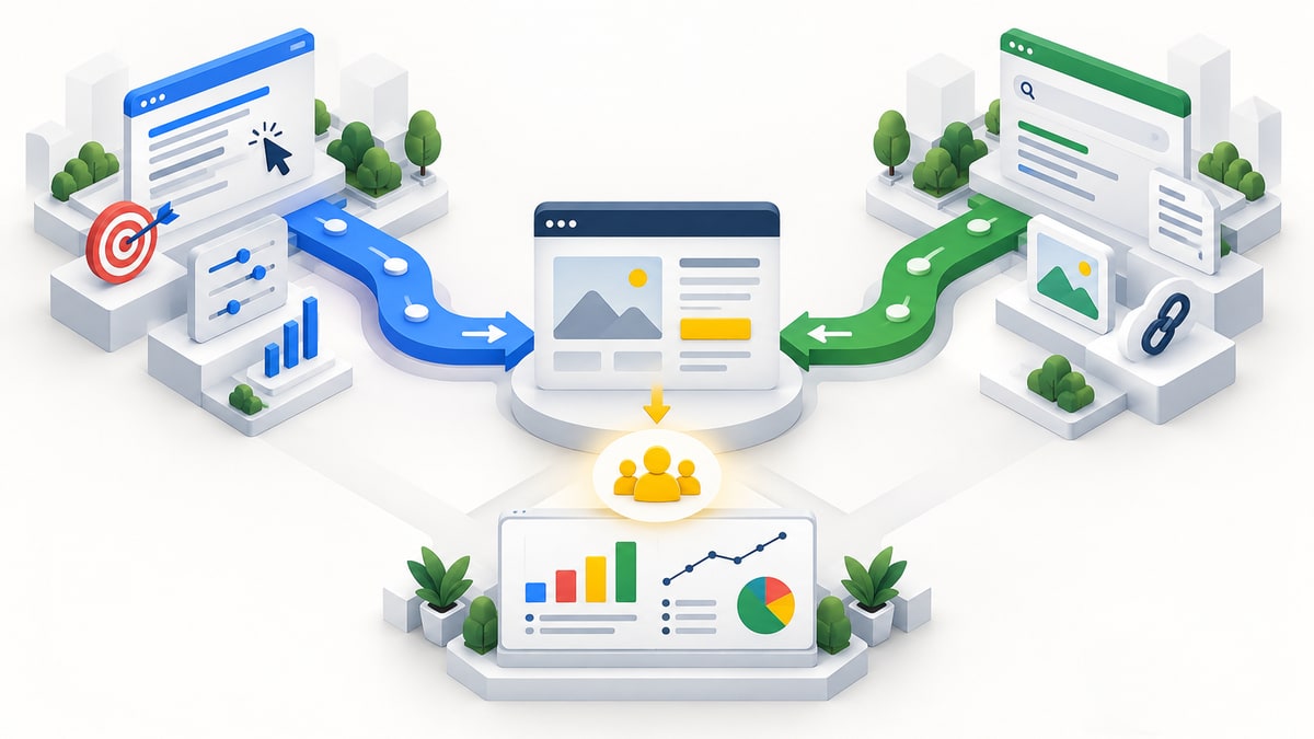 SEM 付费搜索与 SEO 自然搜索共同连接网站和数据分析的示意图